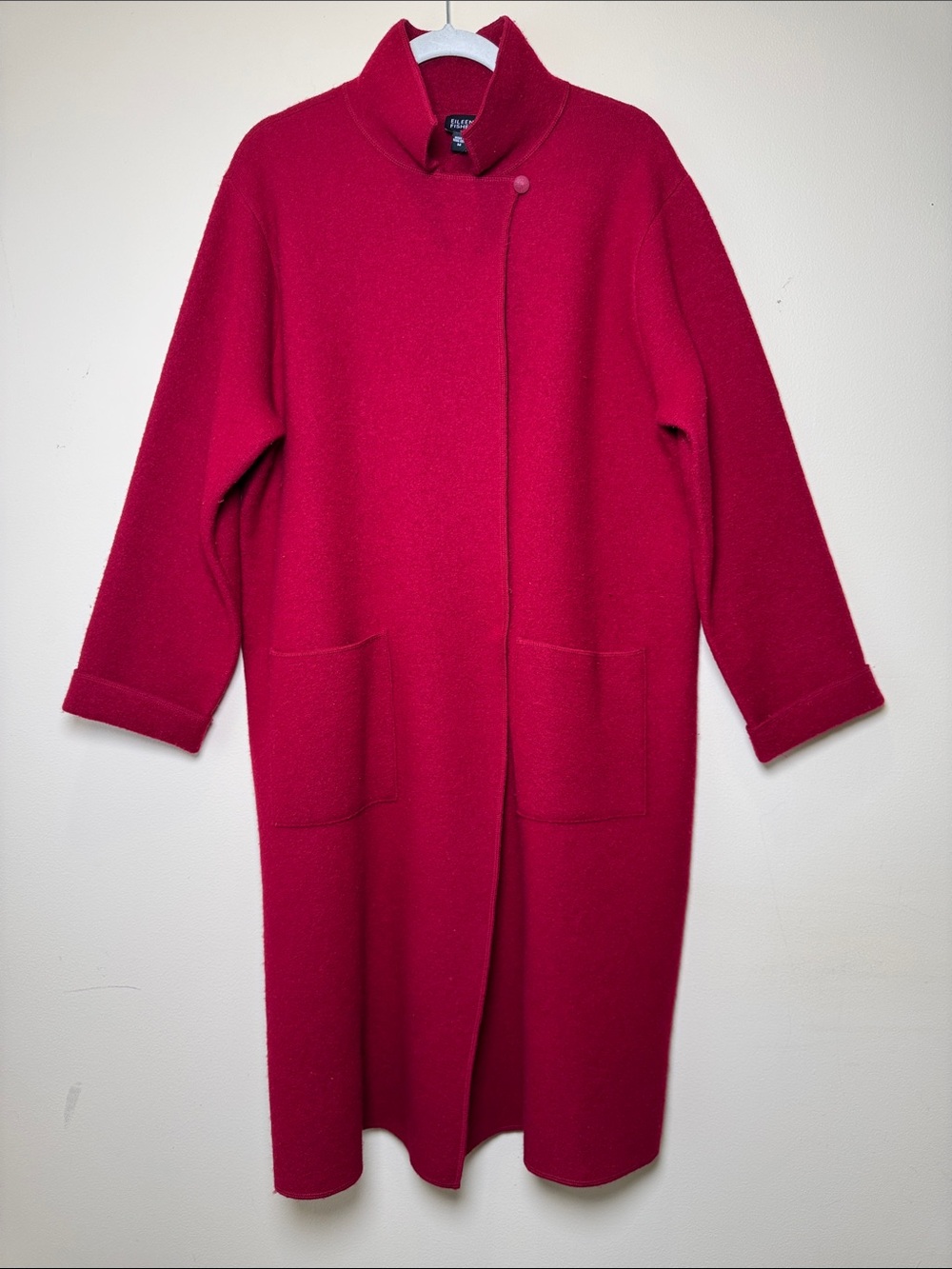 EILEEN FISHER 100% Wool VTG? Vibrant Cherry-Red Long Duster Coat High Neck M
